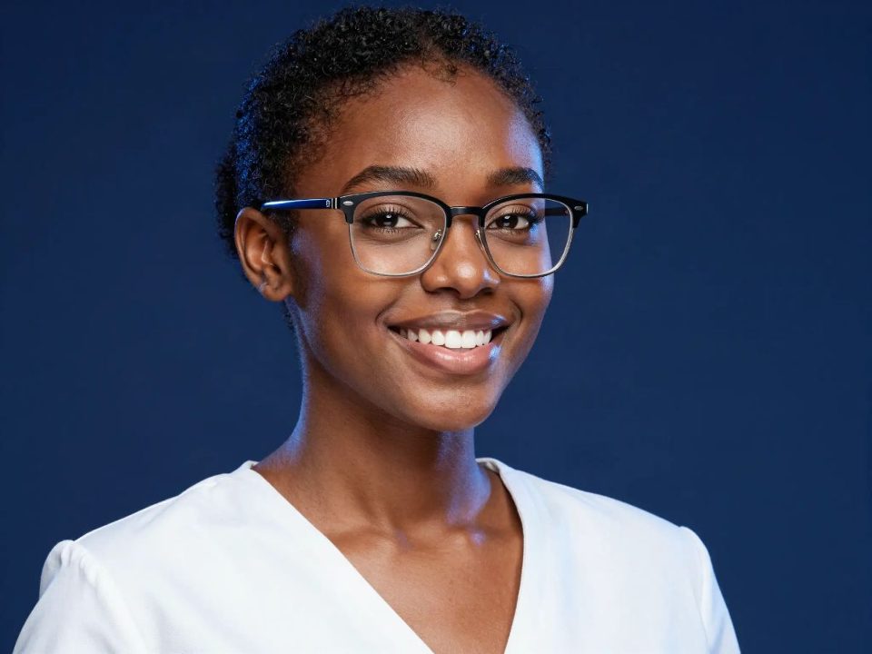 Jeune femme souriante portant des lunettes de vue à monture noire